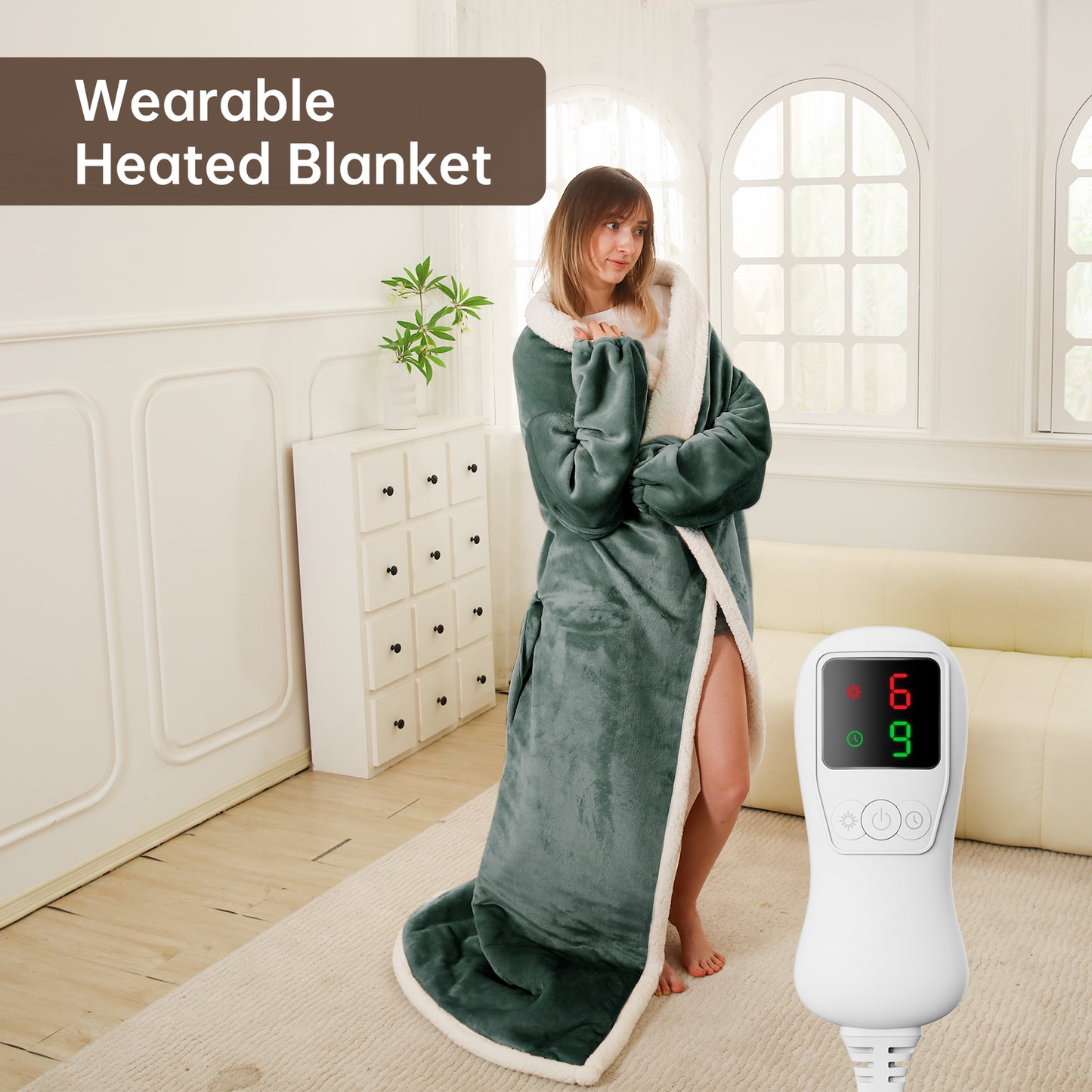 Electric Heated Blanket Trow Size, Wearable Heated Blanket with Foot Pocket, Super Cozy Fabric, 9 Heating Levels, 1-9 Hours Auto Off, Gift for Family, 50" x 70”