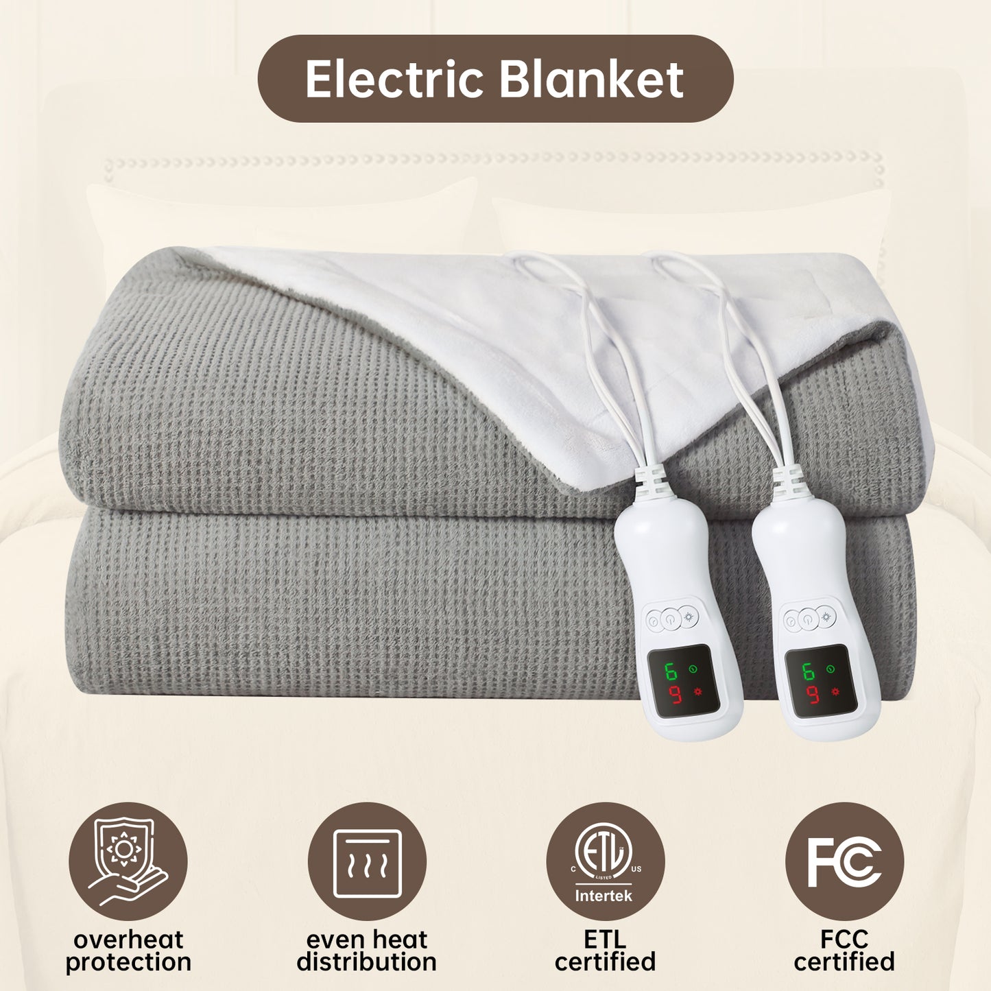 Electric Heated Blanket King Size, Bed Warmer for Home, Super Cozy Fabric, 9 Heating Levels, 1-9 Hours Auto Off, Gift for Family, 100" x 90”