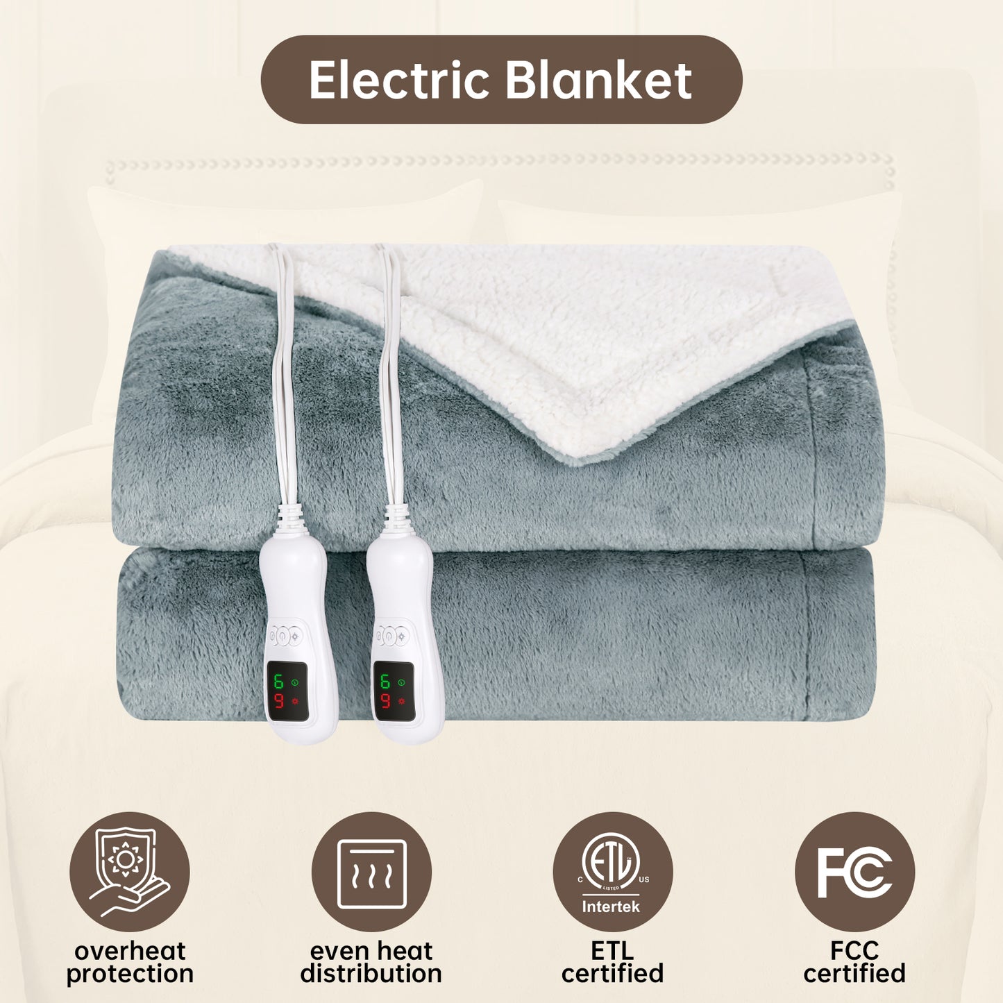 Electric Heated Blanket King Size, Bed Warmer for Home, Super Cozy Fabric, 9 Heating Levels, 1-9 Hours Auto Off, Gift for Family, 100" x 90”
