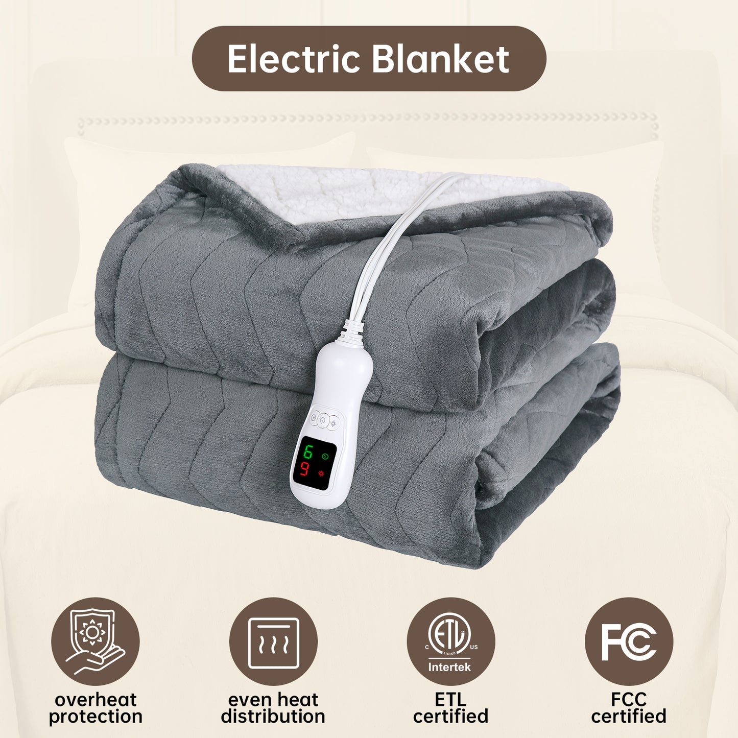 Electric Heated Blanket Full Size, Bed Warmer for Home, Super Cozy Fabric, 9 Heating Levels, 1-9 Hours Auto Off, Gift for Family, 72" x 84”