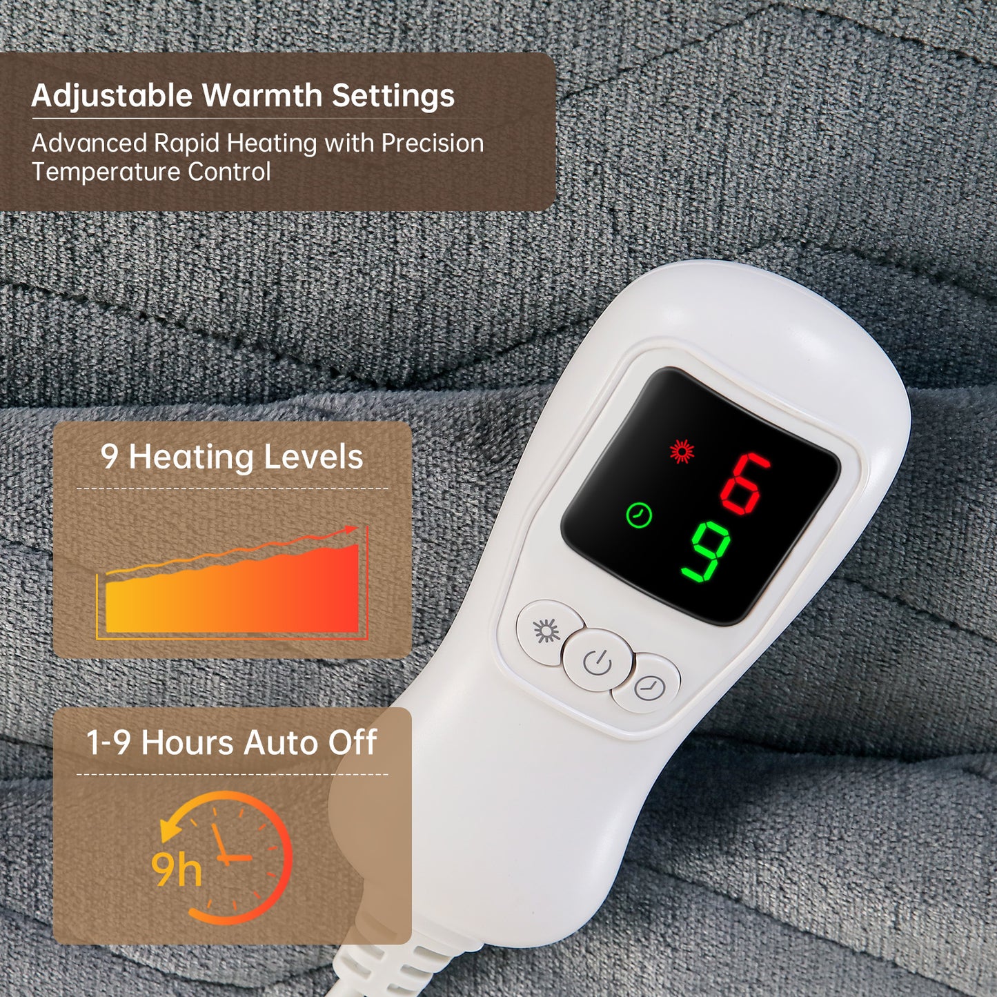 Electric Heated Blanket Full Size, Bed Warmer for Home, Super Cozy Fabric, 9 Heating Levels, 1-9 Hours Auto Off, Gift for Family, 72" x 84”