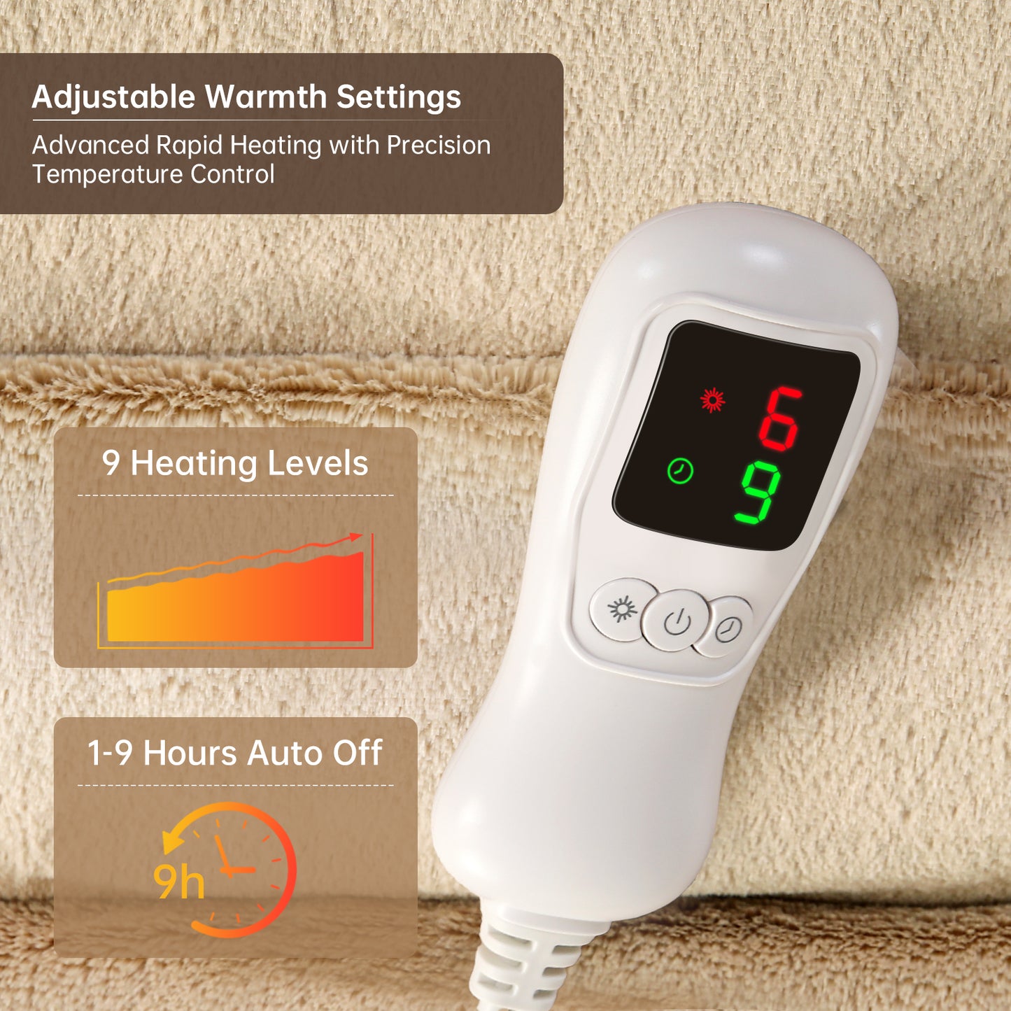 Electric Heated Blanket Full Size, Bed Warmer for Home, Super Cozy Fabric, 9 Heating Levels, 1-9 Hours Auto Off, Gift for Family, 72" x 84”