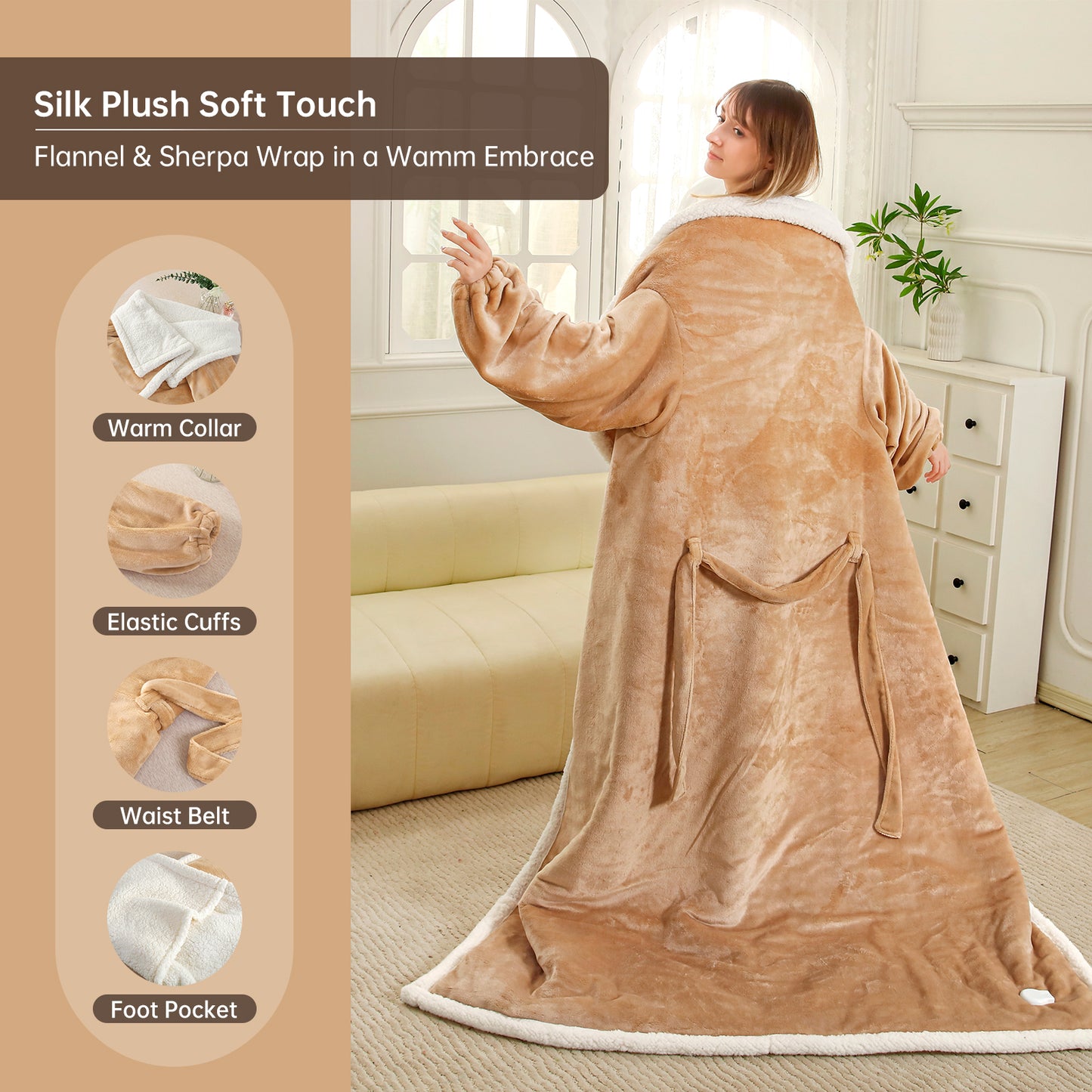 Electric Heated Blanket Trow Size, Wearable Heated Blanket with Foot Pocket, Super Cozy Fabric, 9 Heating Levels, 1-9 Hours Auto Off, Gift for Family, 50" x 70”