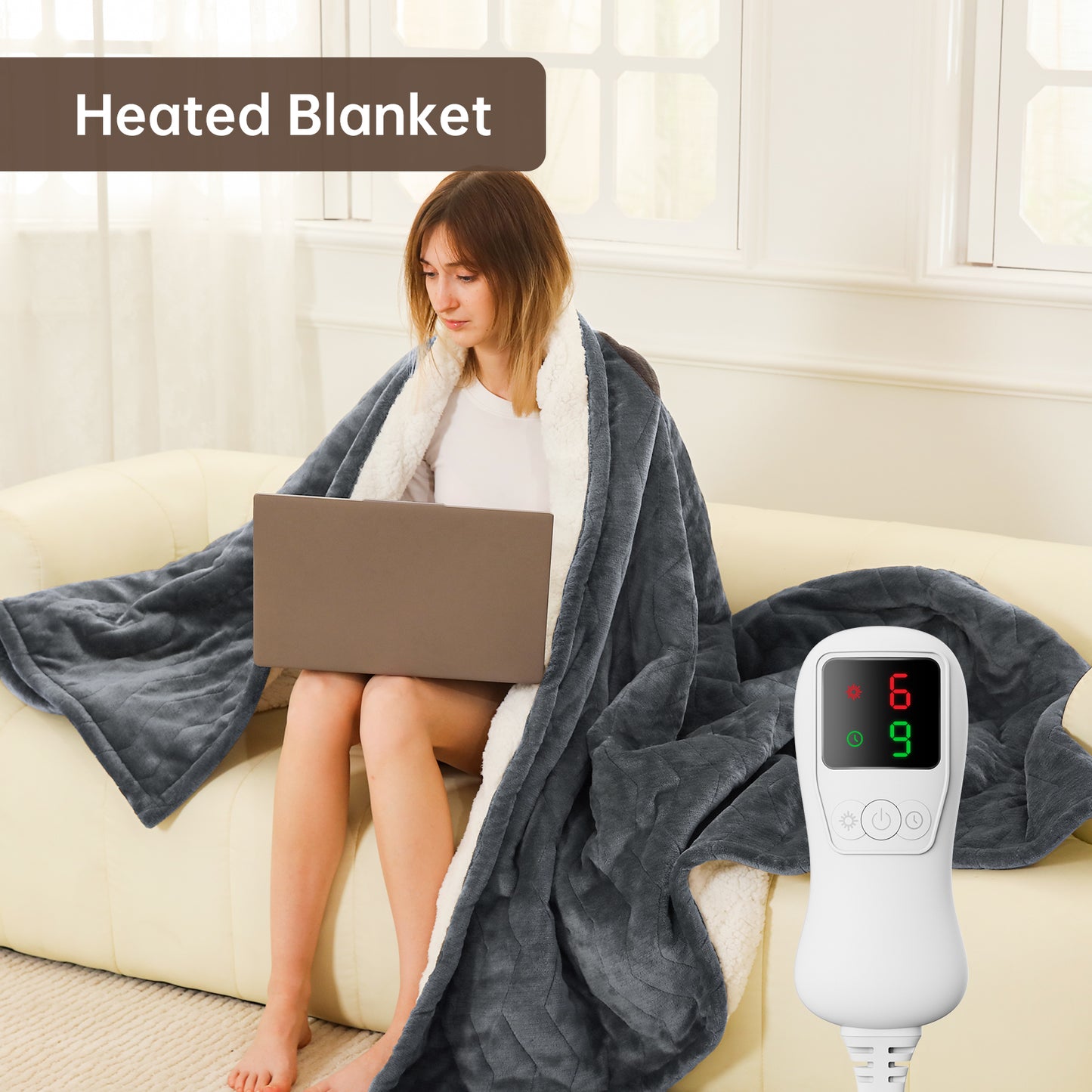 Electric Heated Blanket Trow Size, Bed Warmer for Home, Super Cozy Fabric, 9 Heating Levels, 1-9 Hours Auto Off, Gift for Family, 50" x 60”