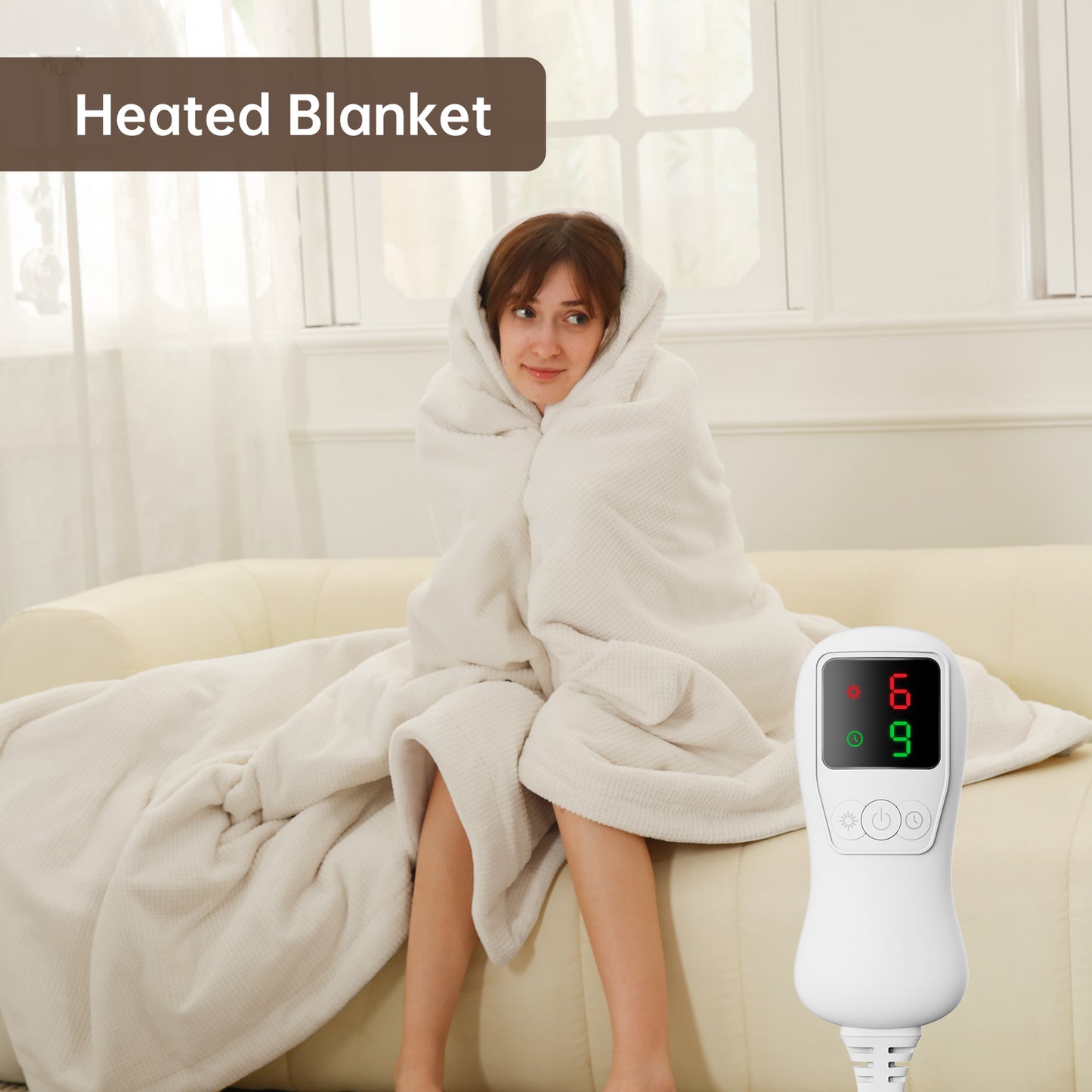 Electric Heated Blanket Trow Size, Bed Warmer for Home, Super Cozy Fabric, 9 Heating Levels, 1-9 Hours Auto Off, Gift for Family, 50" x 60”