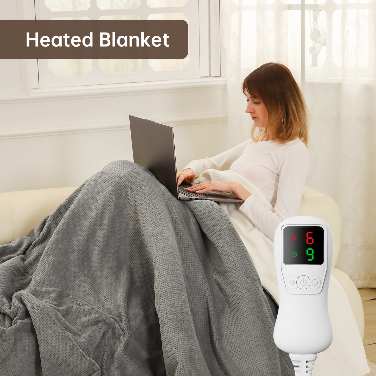 Electric Heated Blanket Trow Size, Bed Warmer for Home, Super Cozy Fabric, 9 Heating Levels, 1-9 Hours Auto Off, Gift for Family, 50" x 60”