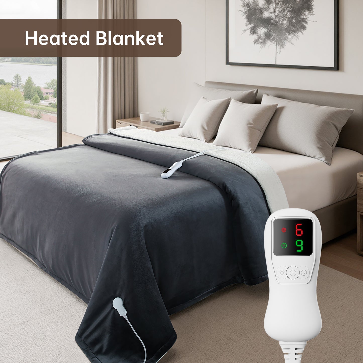 Electric Heated Blanket Full Size, Bed Warmer for Home, Super Cozy Fabric, 9 Heating Levels, 1-9 Hours Auto Off, Gift for Family, 72" x 84”