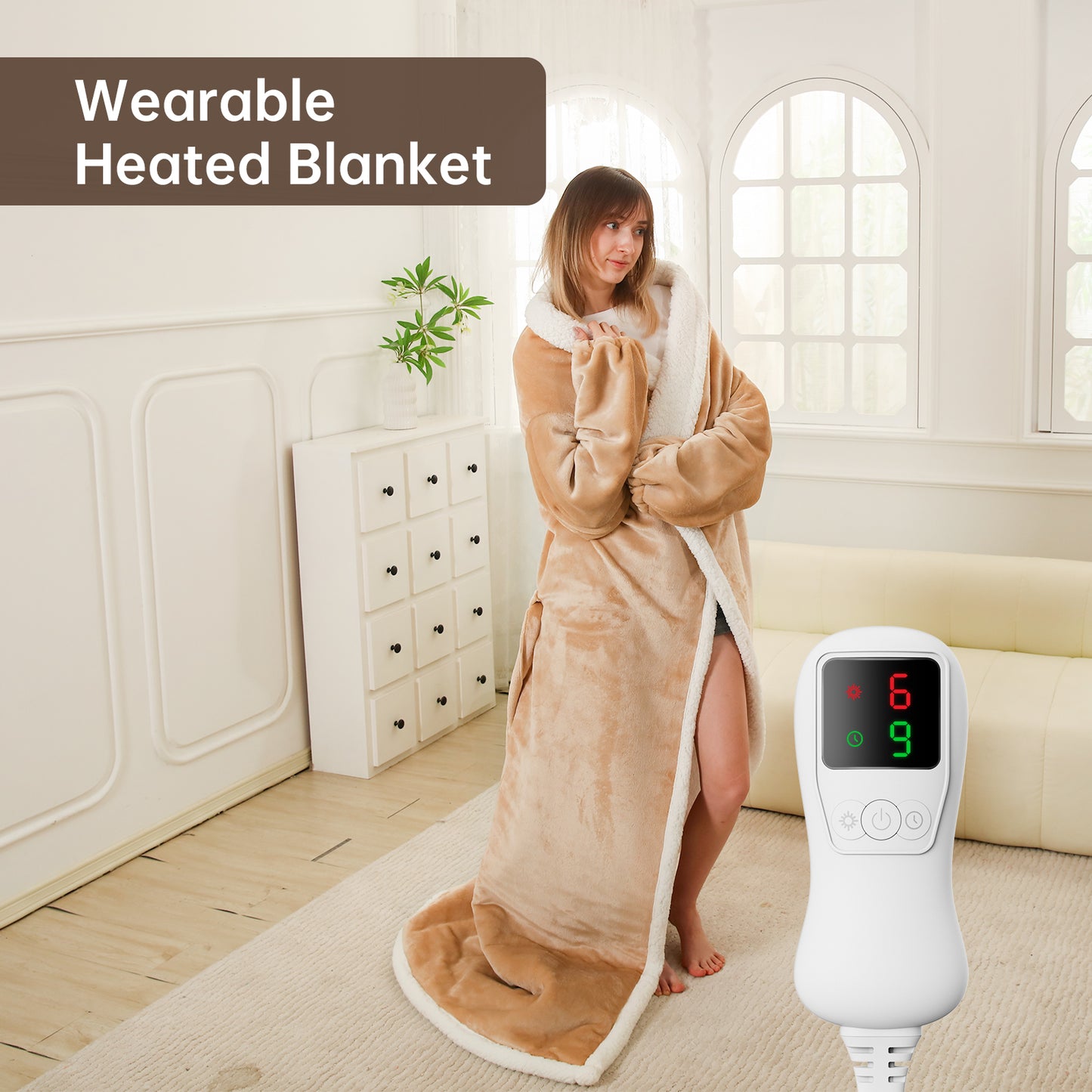 Electric Heated Blanket Trow Size, Wearable Heated Blanket with Foot Pocket, Super Cozy Fabric, 9 Heating Levels, 1-9 Hours Auto Off, Gift for Family, 50" x 70”