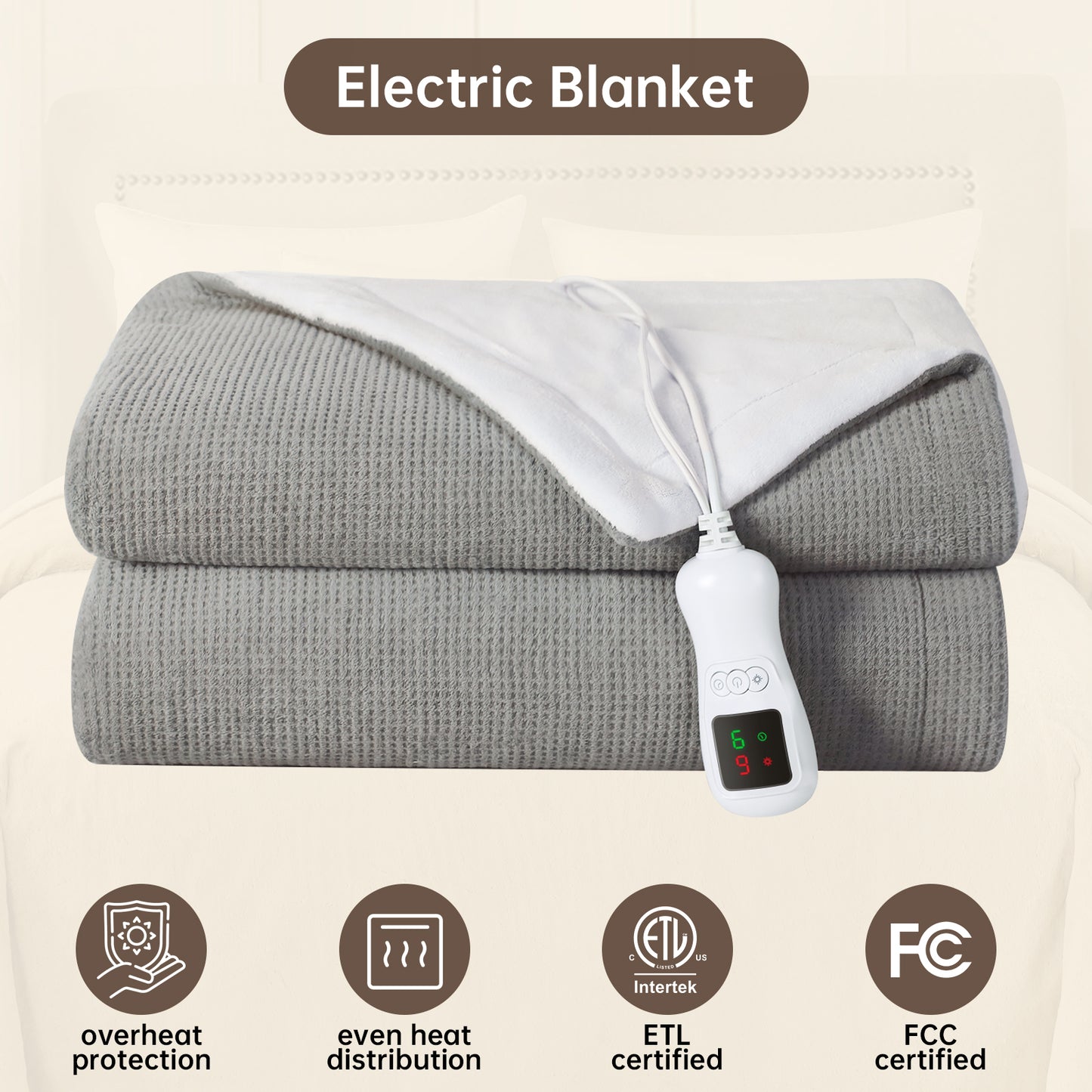 Electric Heated Blanket Full Size, Bed Warmer for Home, Super Cozy Fabric, 9 Heating Levels, 1-9 Hours Auto Off, Gift for Family, 72" x 84”