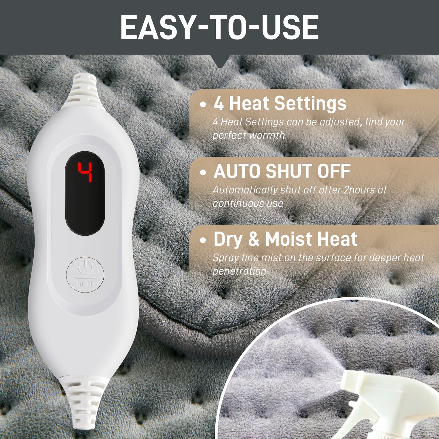 Electric Heating Pad for Back Period Cramps Neck Shoulders Knee Pain Relief, Moist Heat Pad, Gifts for Women Dad Mom, Warm Compress, Auto Shut-Off, 4 Heat Level, 12” x 24”