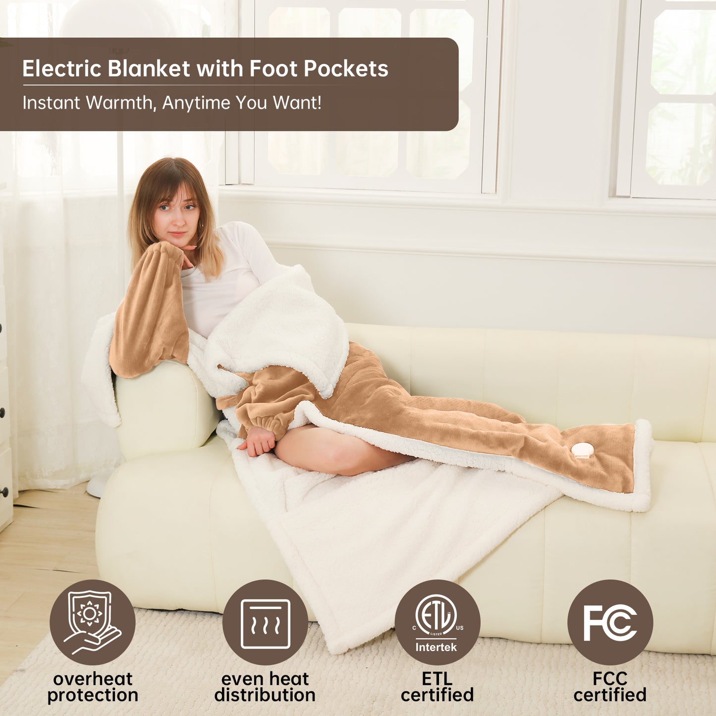 Electric Heated Blanket Trow Size, Wearable Heated Blanket with Foot Pocket, Super Cozy Fabric, 9 Heating Levels, 1-9 Hours Auto Off, Gift for Family, 50" x 70”