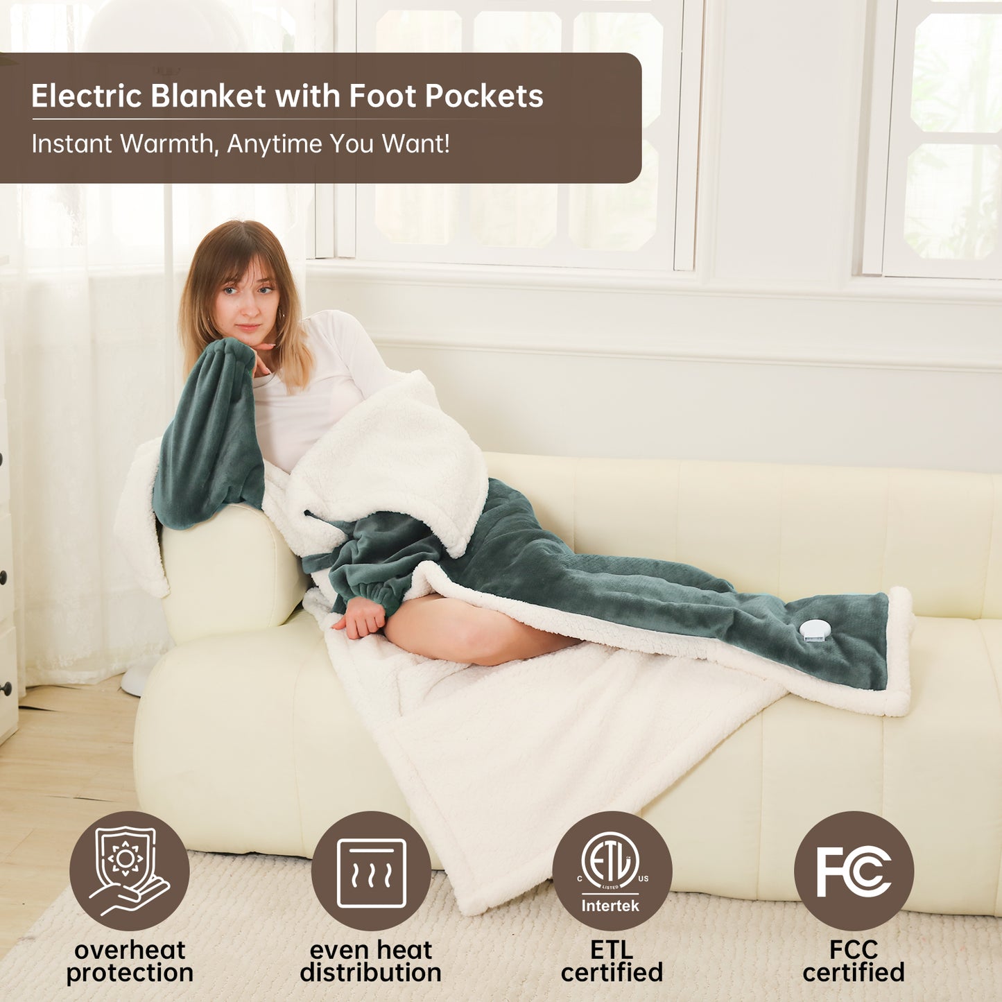 Electric Heated Blanket Trow Size, Wearable Heated Blanket with Foot Pocket, Super Cozy Fabric, 9 Heating Levels, 1-9 Hours Auto Off, Gift for Family, 50" x 70”