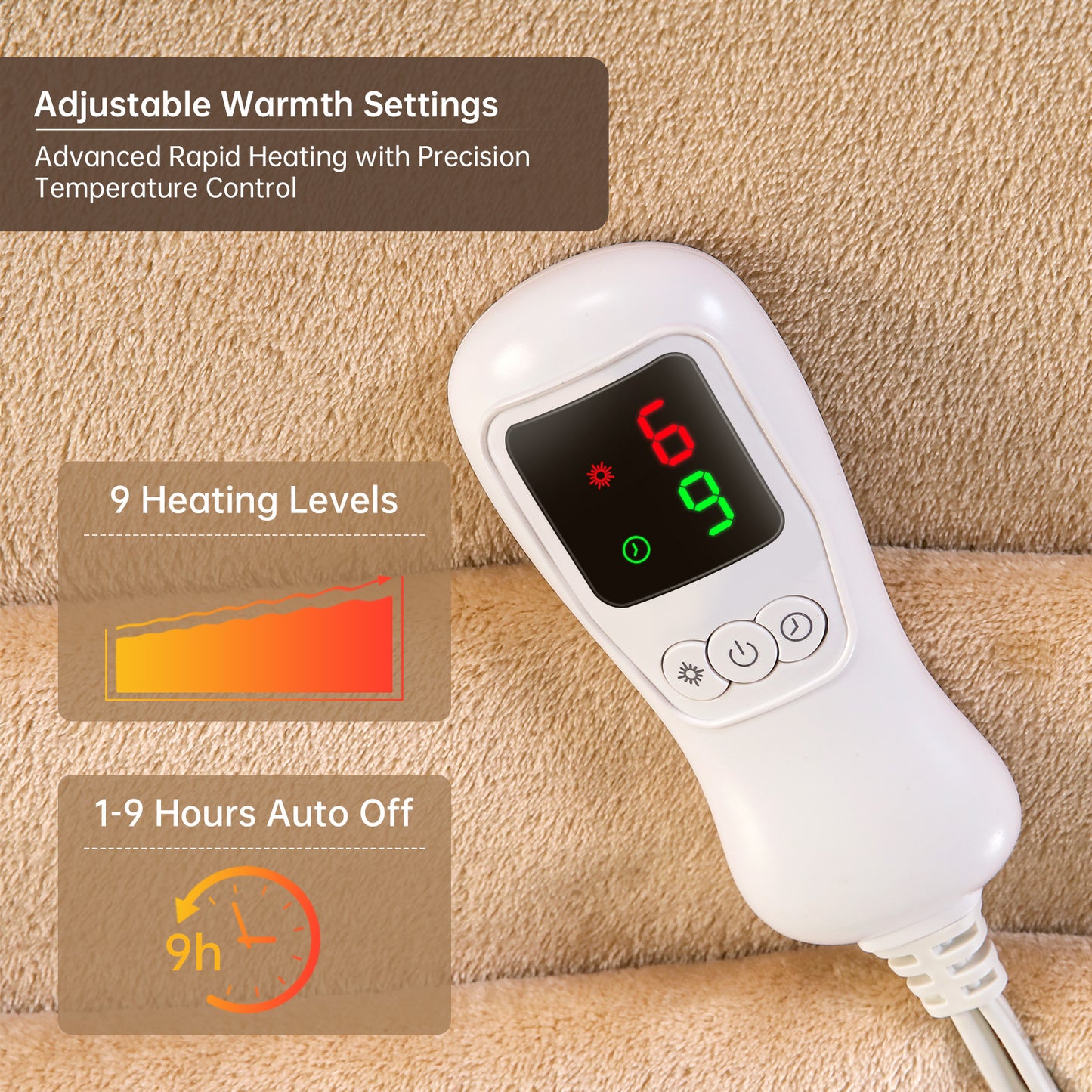 Electric Heated Blanket Full Size, Bed Warmer for Home, Super Cozy Fabric, 9 Heating Levels, 1-9 Hours Auto Off, Gift for Family, 72" x 84”