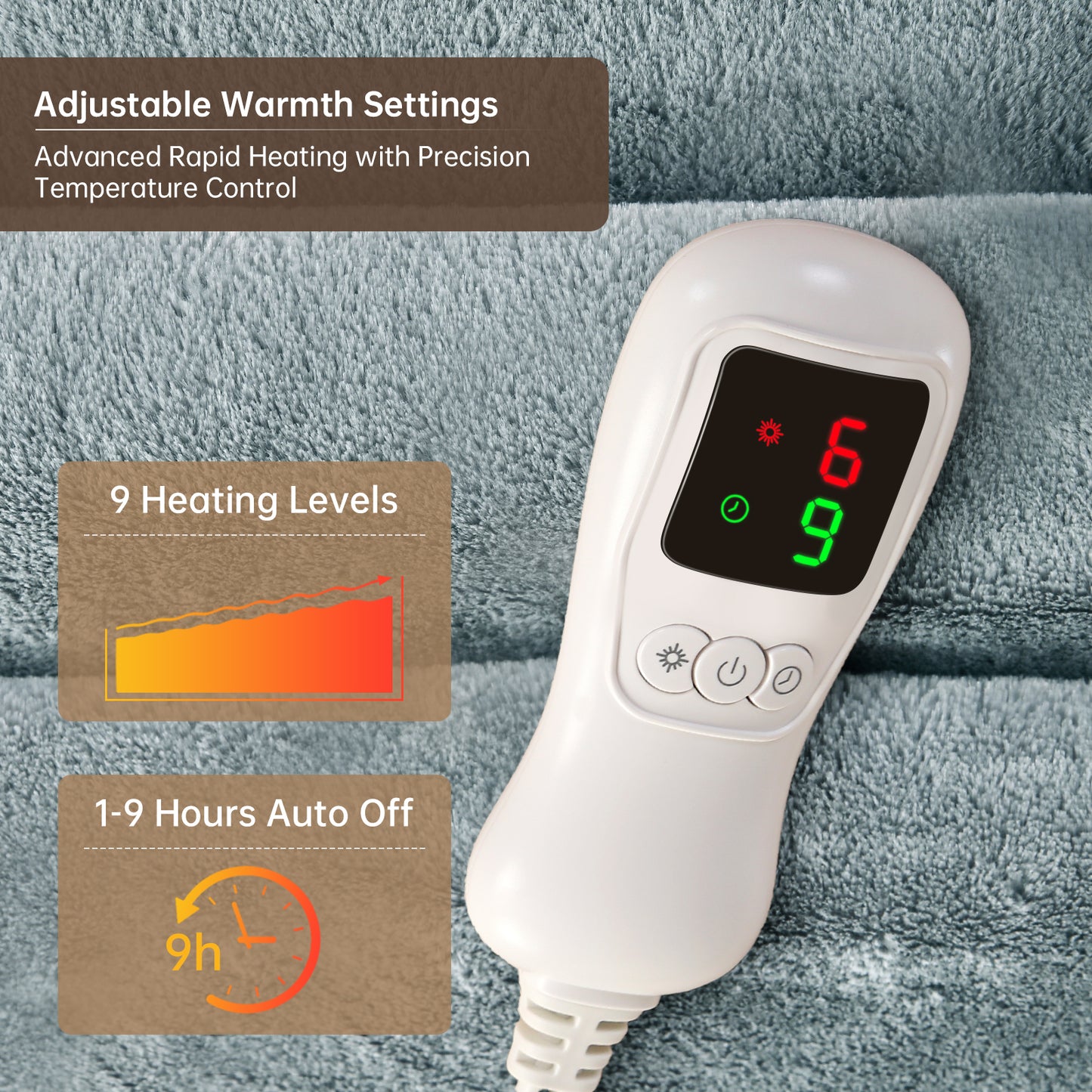 Electric Heated Blanket Full Size, Bed Warmer for Home, Super Cozy Fabric, 9 Heating Levels, 1-9 Hours Auto Off, Gift for Family, 72" x 84”