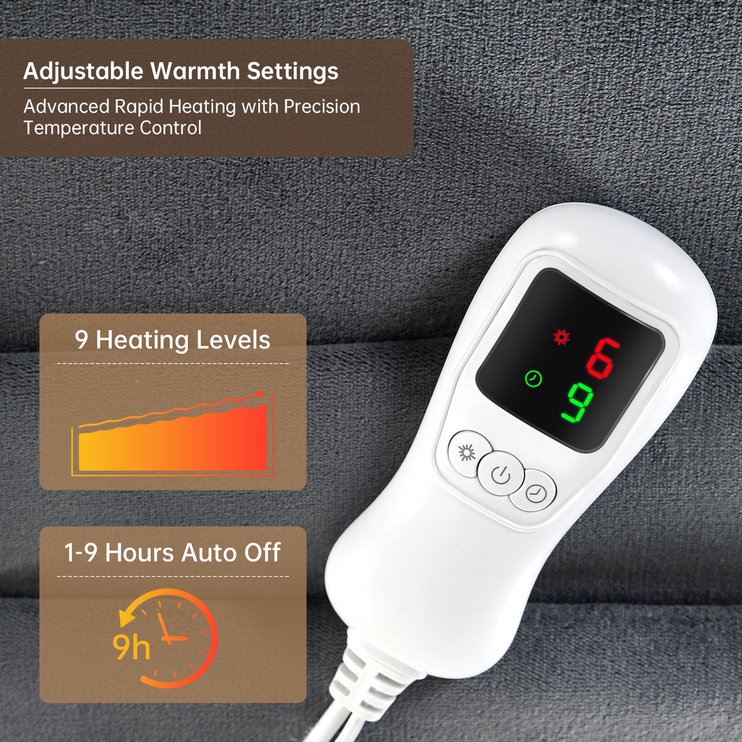 Electric Heated Blanket Full Size, Bed Warmer for Home, Super Cozy Fabric, 9 Heating Levels, 1-9 Hours Auto Off, Gift for Family, 72" x 84”