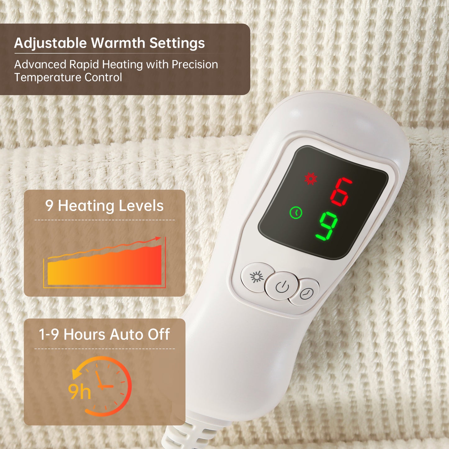Electric Heated Blanket Full Size, Bed Warmer for Home, Super Cozy Fabric, 9 Heating Levels, 1-9 Hours Auto Off, Gift for Family, 72" x 84”