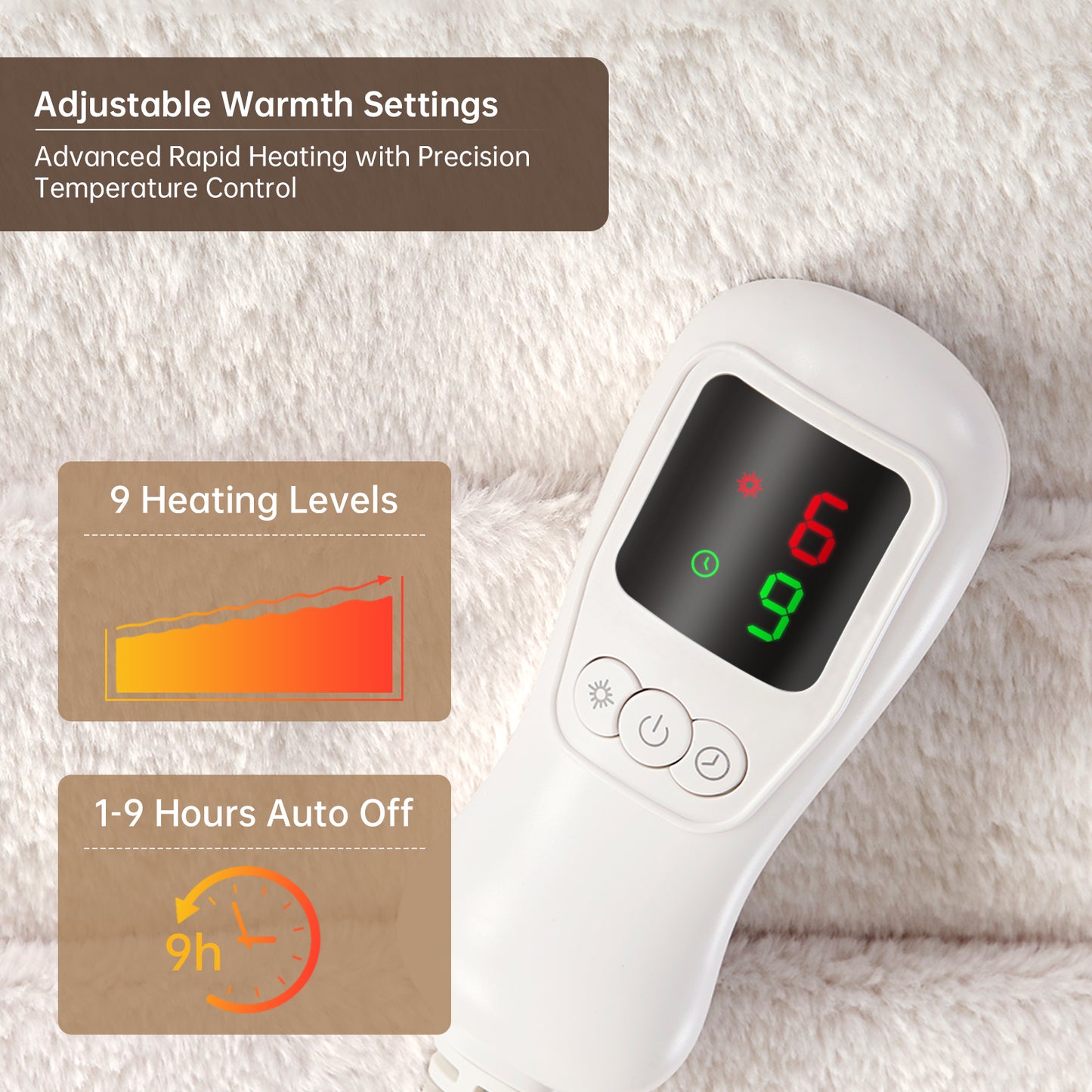 Electric Heated Blanket Full Size, Bed Warmer for Home, Super Cozy Fabric, 9 Heating Levels, 1-9 Hours Auto Off, Gift for Family, 72" x 84”