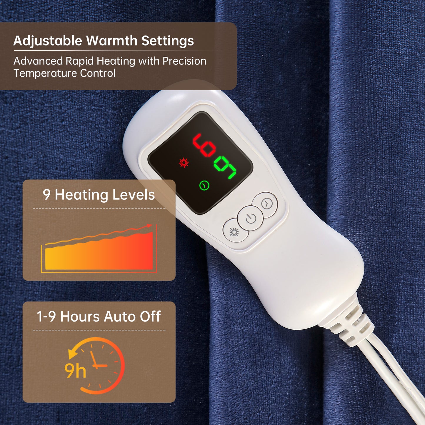 Electric Heated Blanket Full Size, Bed Warmer for Home, Super Cozy Fabric, 9 Heating Levels, 1-9 Hours Auto Off, Gift for Family, 72" x 84”