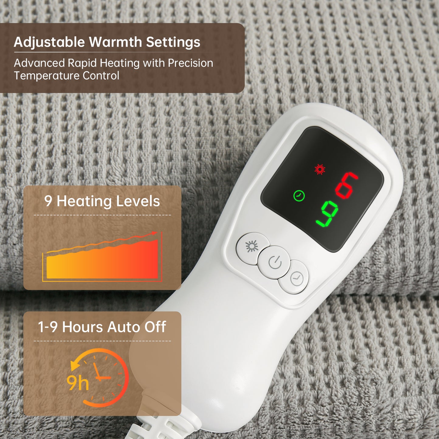 Electric Heated Blanket Full Size, Bed Warmer for Home, Super Cozy Fabric, 9 Heating Levels, 1-9 Hours Auto Off, Gift for Family, 72" x 84”