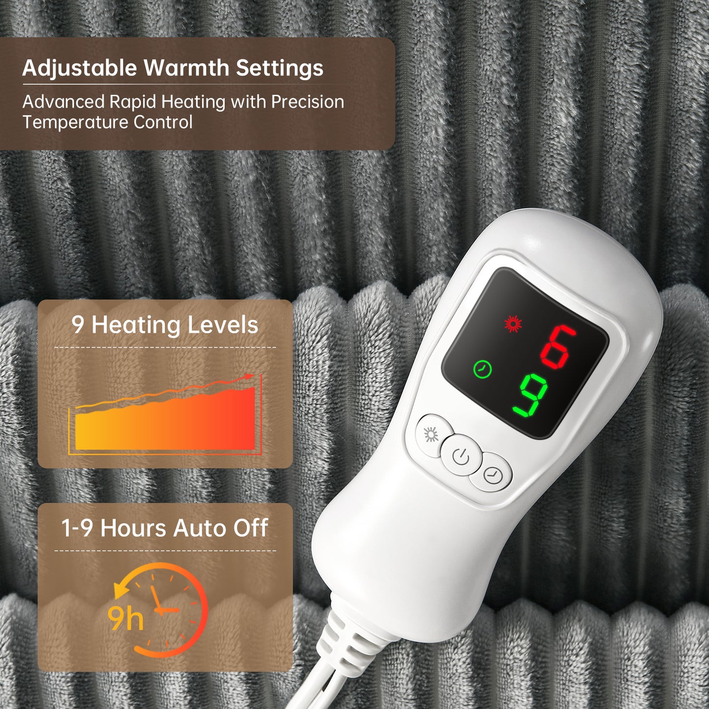 Electric Heated Blanket Full Size, Bed Warmer for Home, Super Cozy Fabric, 9 Heating Levels, 1-9 Hours Auto Off, Gift for Family, 72" x 84”
