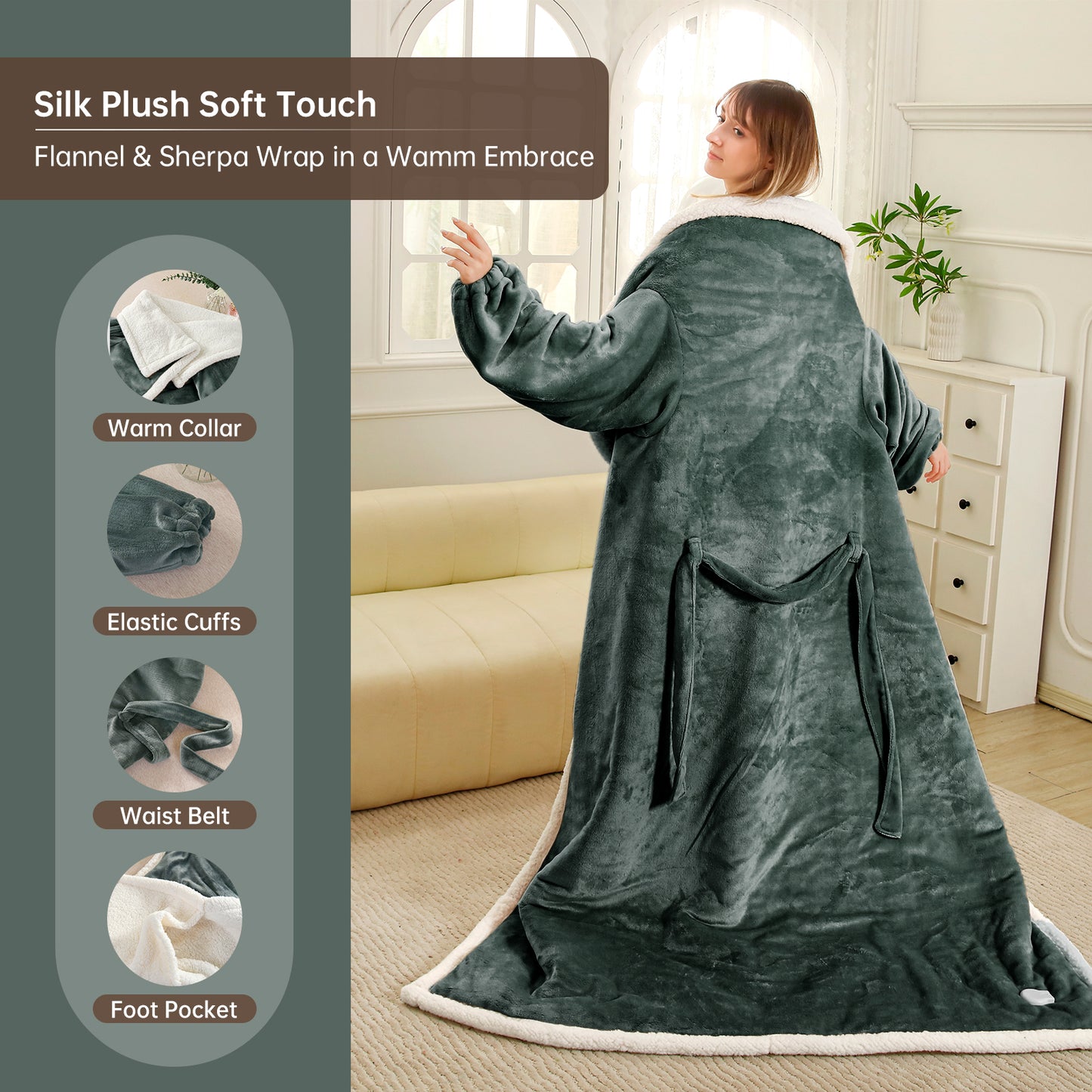 Electric Heated Blanket Trow Size, Wearable Heated Blanket with Foot Pocket, Super Cozy Fabric, 9 Heating Levels, 1-9 Hours Auto Off, Gift for Family, 50" x 70”