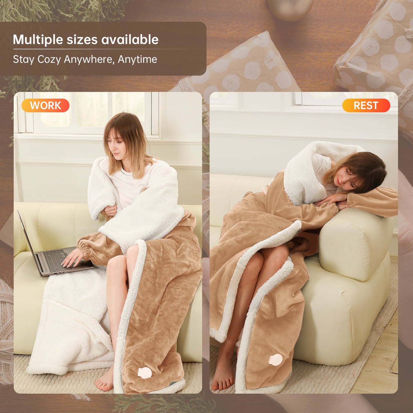Electric Heated Blanket Trow Size, Wearable Heated Blanket with Foot Pocket, Super Cozy Fabric, 9 Heating Levels, 1-9 Hours Auto Off, Gift for Family, 50" x 70”
