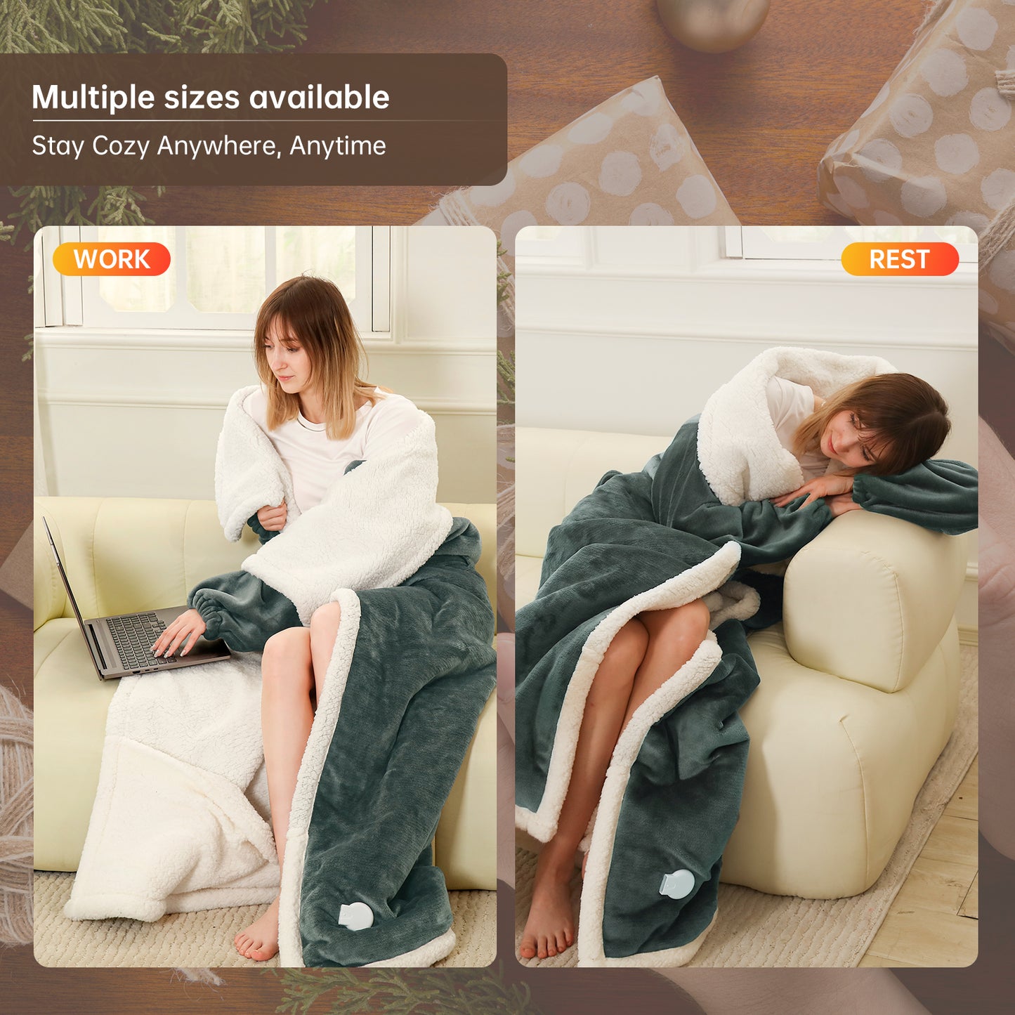 Electric Heated Blanket Trow Size, Wearable Heated Blanket with Foot Pocket, Super Cozy Fabric, 9 Heating Levels, 1-9 Hours Auto Off, Gift for Family, 50" x 70”